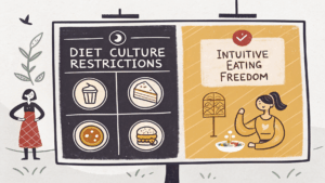 Hand-drawn comparison chart showing diet culture restrictions versus intuitive eating freedom, with dark colors representing dieting rules and warm colors showing food liberation