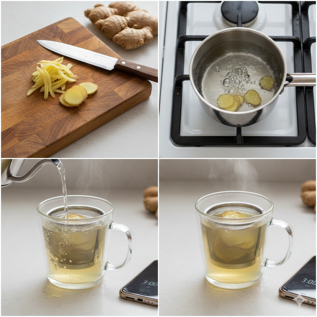 Step-by-step preparation showing fresh ginger slices, boiling water