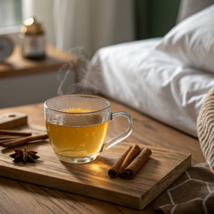 A warm, inviting glass cup filled with golden cinnamon-infused water on a wooden bedside table, with cinnamon sticks beside it