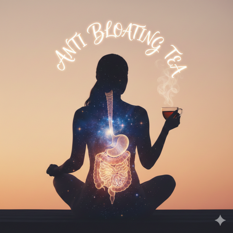 Selection of anti bloating tea including peppermint, ginger, and fennel tea in clear cups