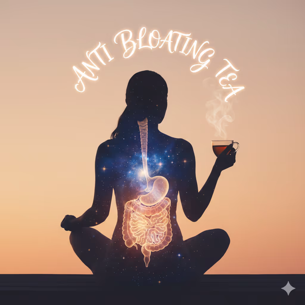 Selection of anti bloating tea including peppermint, ginger, and fennel tea in clear cups