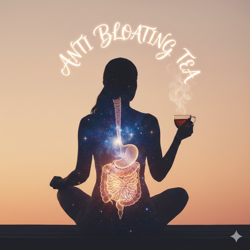 Selection of anti bloating tea including peppermint, ginger, and fennel tea in clear cups