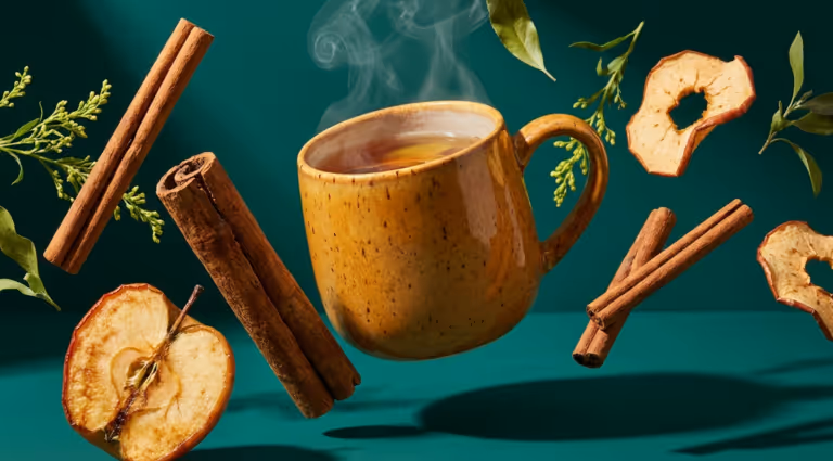 Apple cinnamon tea benefits — surreal editorial image of floating tea mug with cinnamon sticks and apple slices on deep teal background