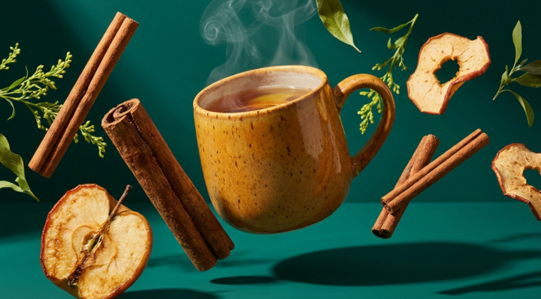 Apple cinnamon tea benefits — surreal editorial image of floating tea mug with cinnamon sticks and apple slices on deep teal background