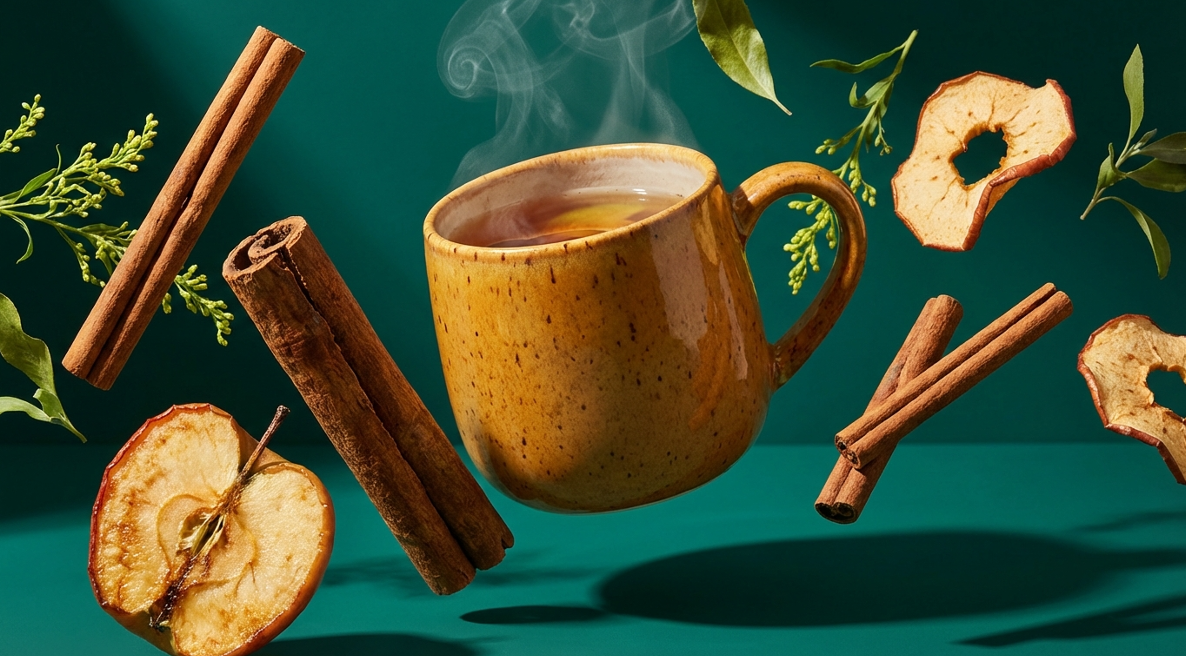 Apple cinnamon tea benefits — surreal editorial image of floating tea mug with cinnamon sticks and apple slices on deep teal background