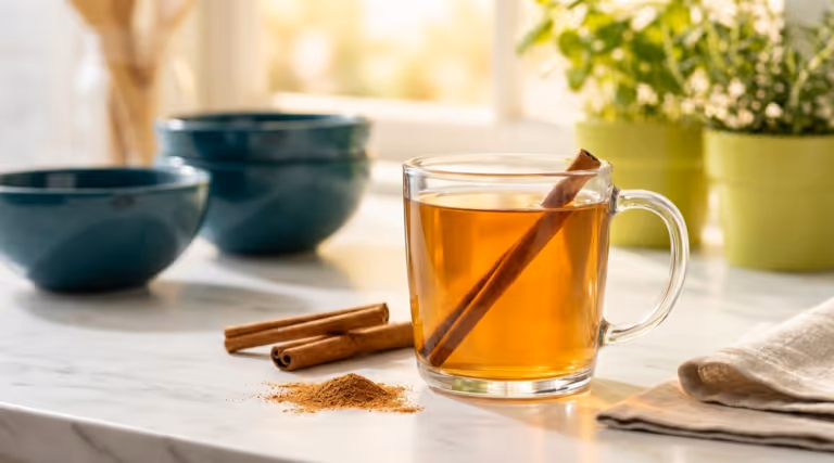 Clear glass mug of amber cinnamon water with Ceylon cinnamon stick