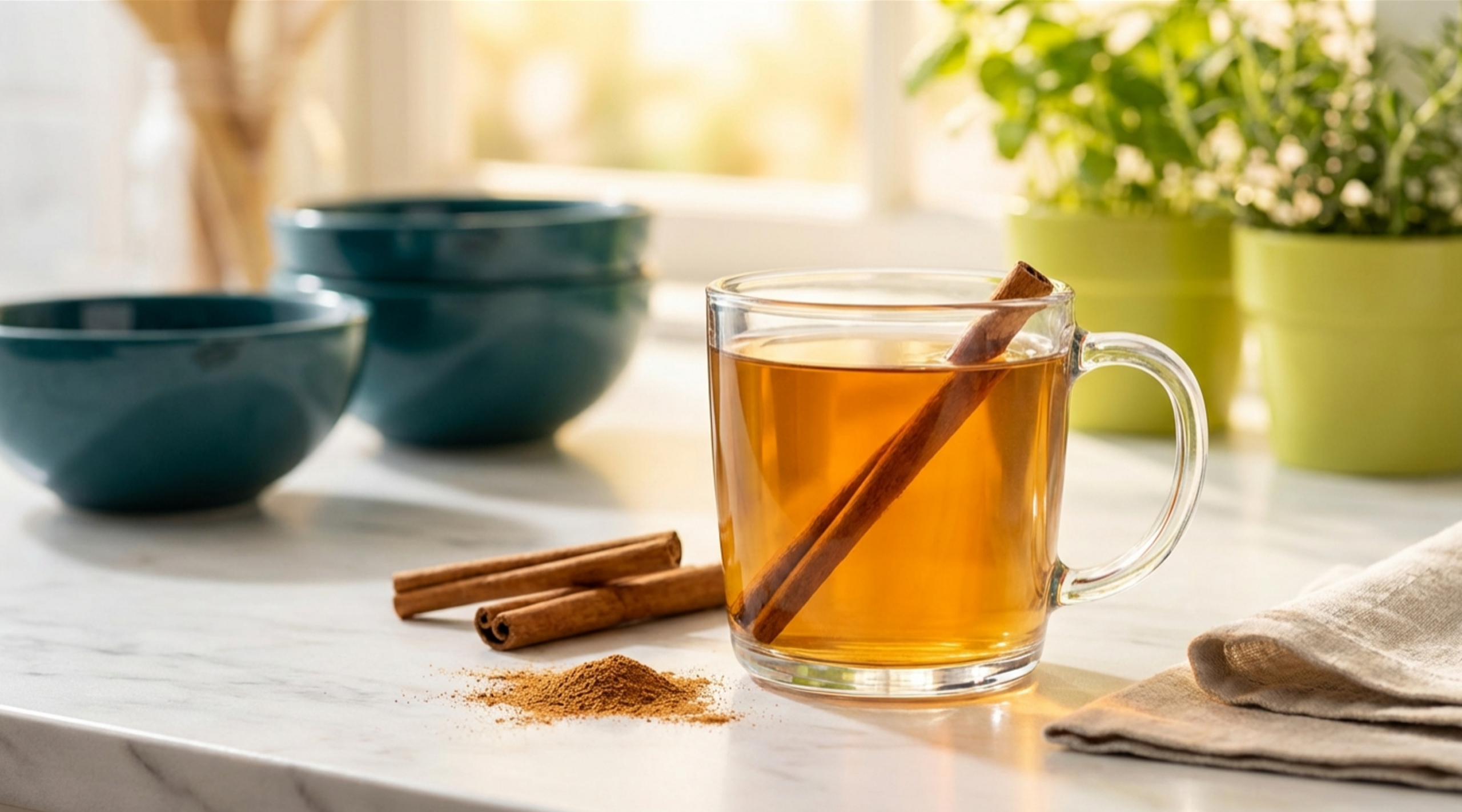 Clear glass mug of amber cinnamon water with Ceylon cinnamon stick