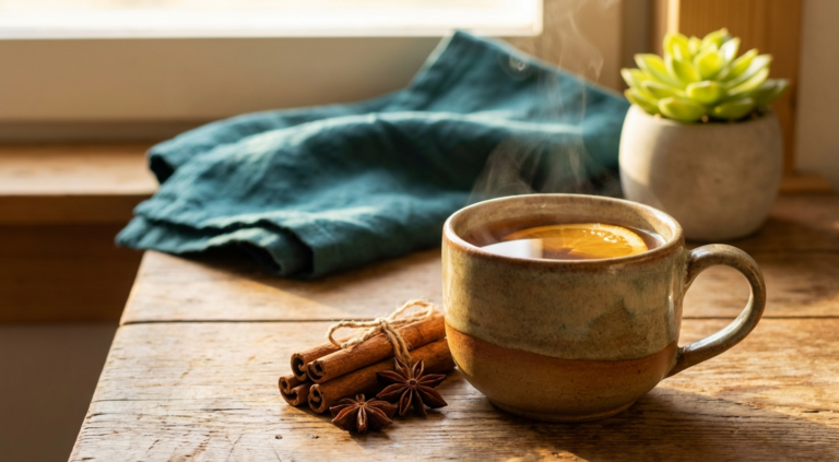 Warm cinnamon tea in ceramic mug with cinnamon sticks on wooden table - science-backed women's health benefits