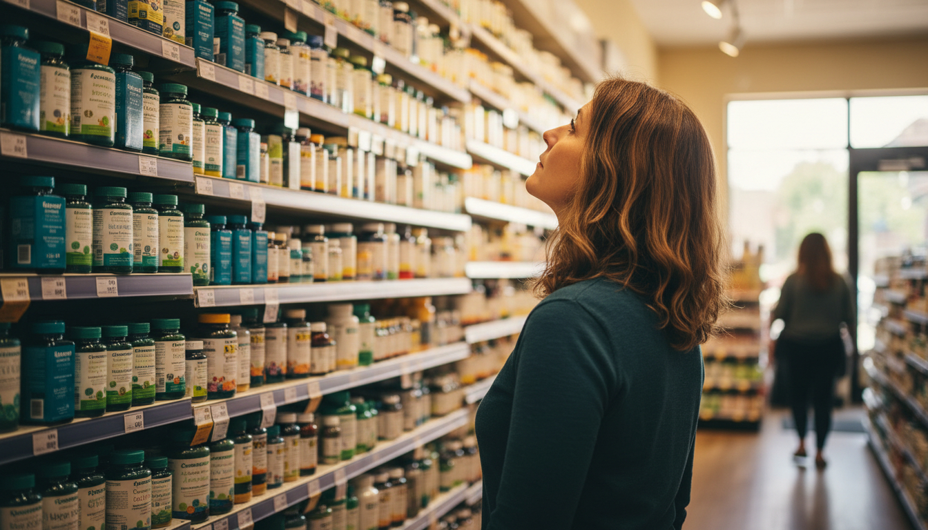 Woman from behind facing wall of supplement bottles in pharmacy aisle, contemplating choices for women's health vitamins and supplements