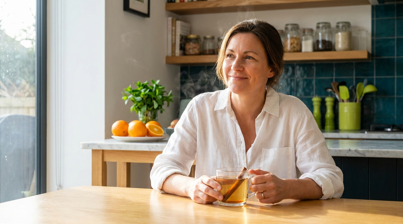 Woman over 40 drinking cinnamon water on empty stomach in morning for metabolism boost and health benefits