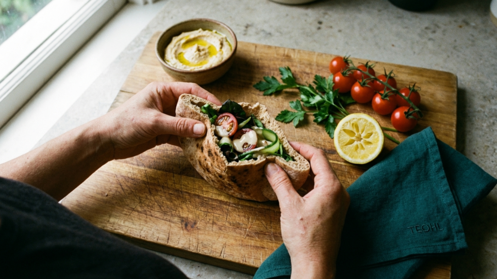 Whole wheat pita bread filled with fresh vegetables and tahini on a wooden cutting board — is pita bread healthy for women