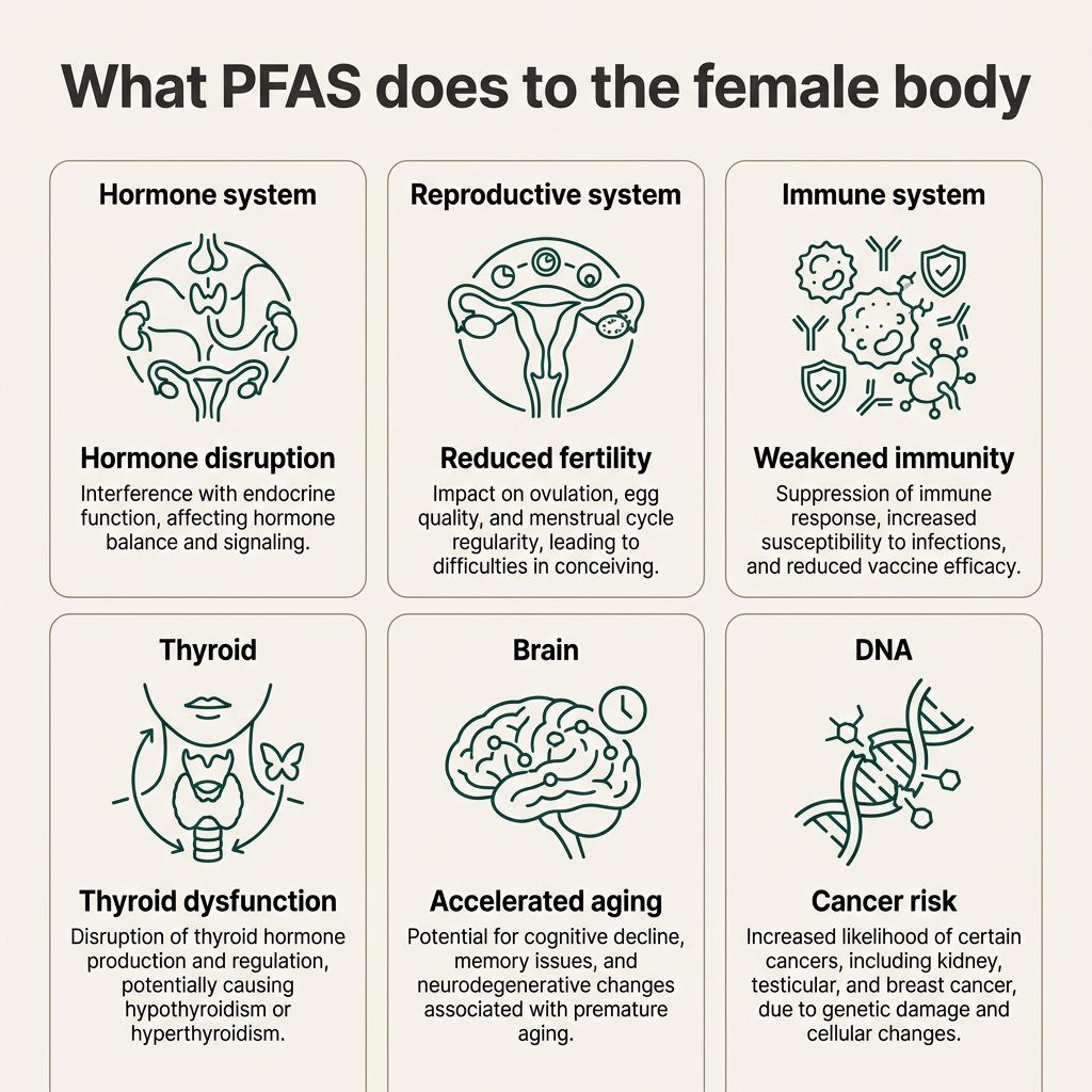 Infographic showing how PFAS affects the female body — hormone disruption, fertility, thyroid, cancer risk, immune system and aging