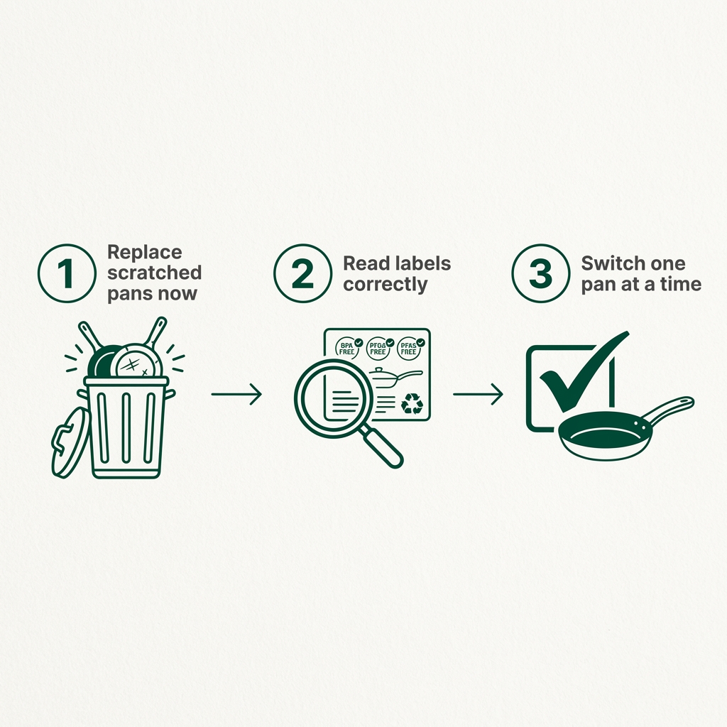 Three steps to transition to safe PFAS-free cookware — replace scratched pans, read labels correctly, switch one pan at a time