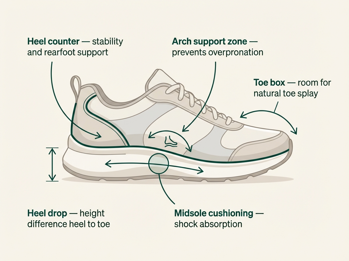 Walking shoe anatomy guide showing cushioning, heel drop, arch support, toe box and heel counter for women