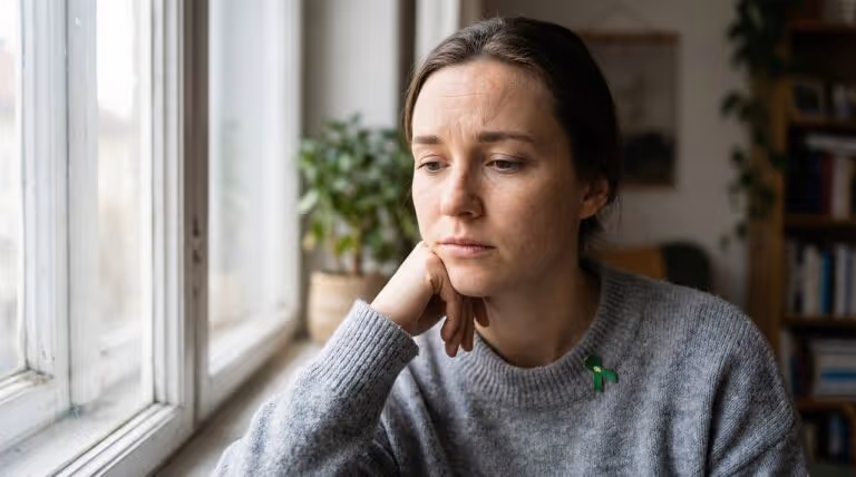Young woman in grey sweater looking pensively out a window, wearing a green mental health awareness ribbon on her chest, representing depression warning signs and the importance of recognizing when a loved one is withdrawing or struggling