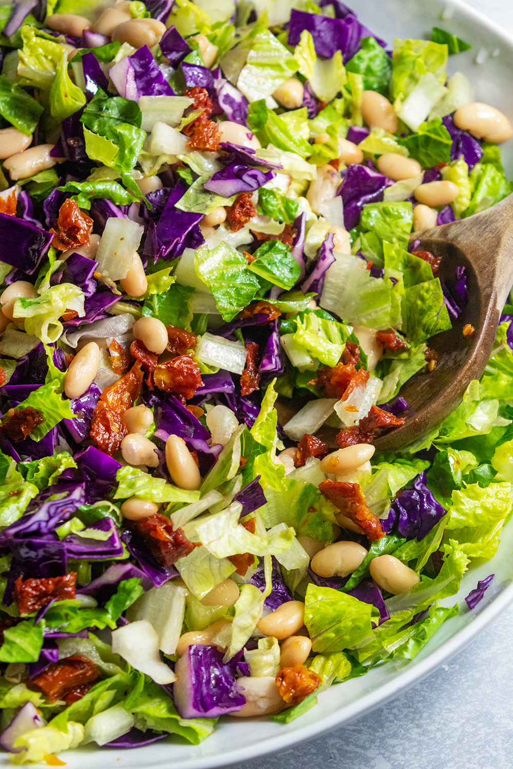 White bean and sun-dried tomato salad in a bowl with radicchio and romaine lettuce, dressed with olive oil vinaigrette - a gut healthy salad recipe by Giada De Laurentiis