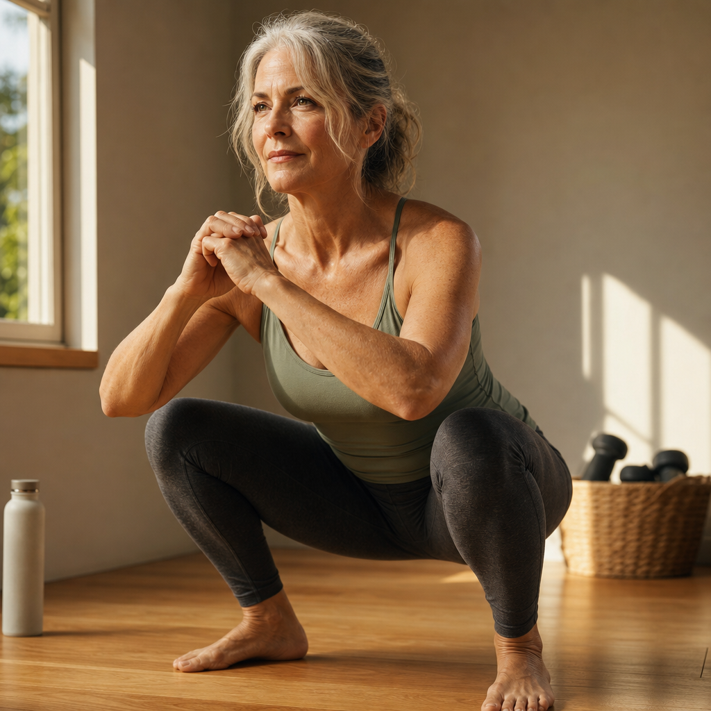 Woman over 50 performing a body-weight squat in a sunlit home gym, demonstrating visceral fat exercises for postmenopausal women