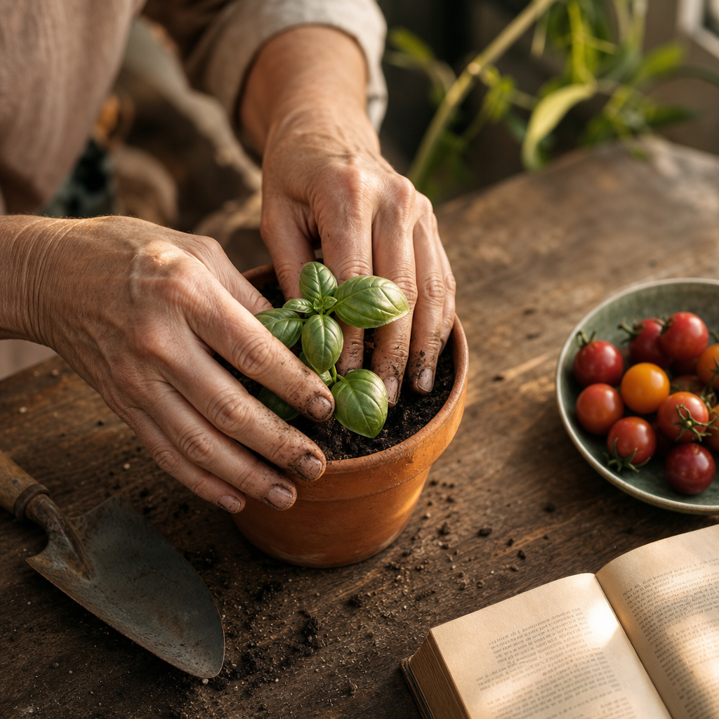 Close-up of a woman's hands with dirt under her fingernails planting a basil seedling in a terracotta pot on a rustic wooden table, with cherry tomatoes and gardening tools nearby