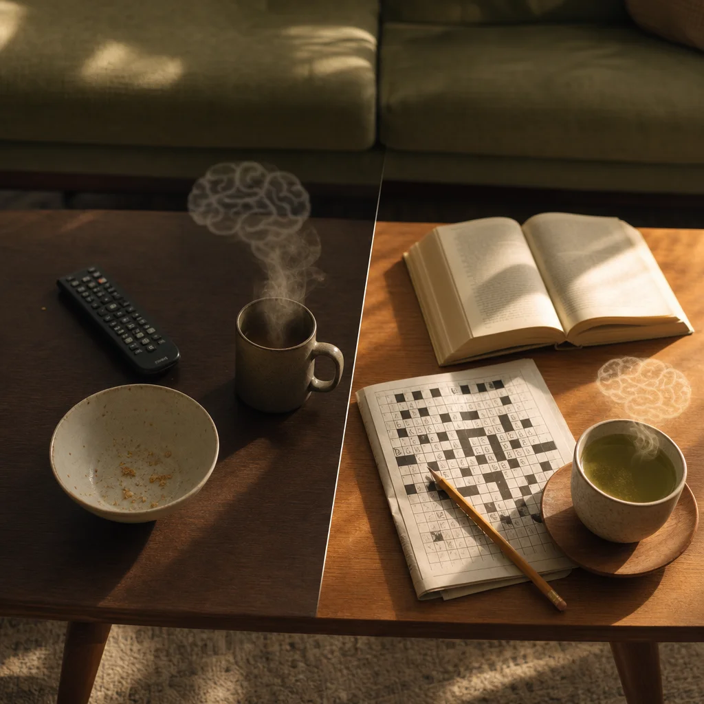 TV and brain health - overhead view of a coffee table split between TV watching items and brain-engaging activities like reading and puzzles