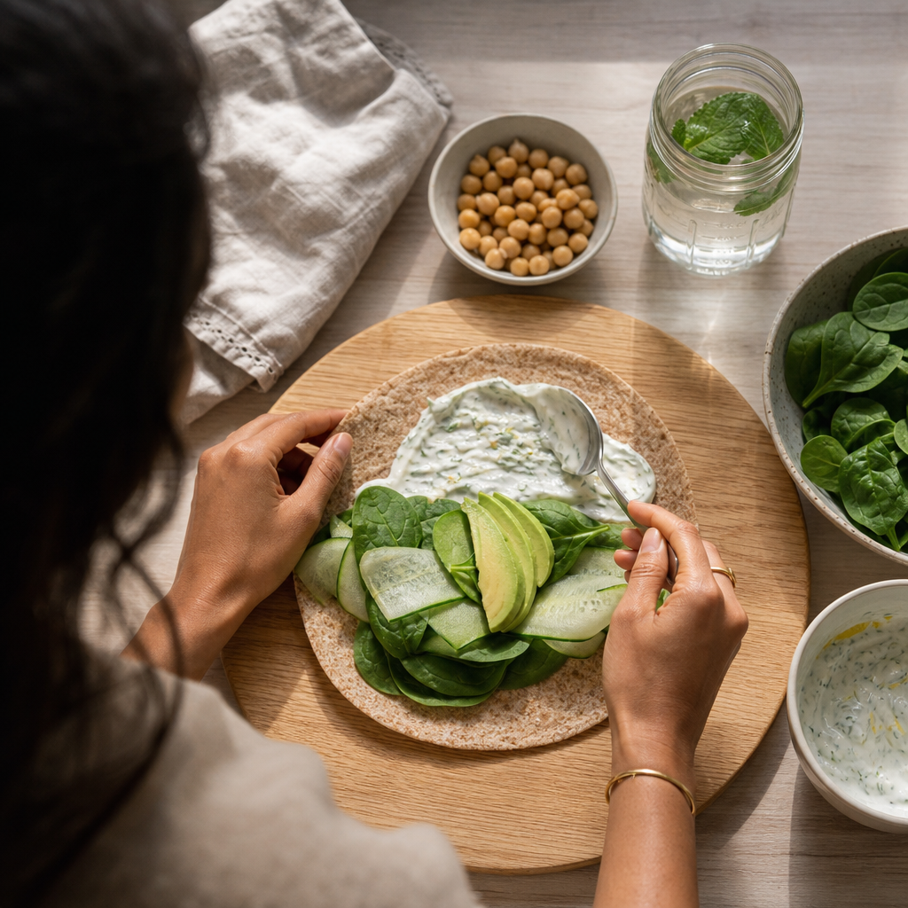 gut healthy lunches - cucumber spinach wrap with yogurt spread and avocado on wooden board, chickpeas in background