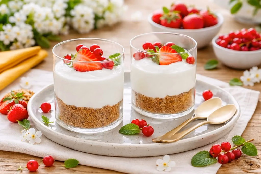 A clear glass bowl filled with creamy yogurt parfait layered with fresh strawberries, topped with crunchy walnuts and red currants on a wooden tray