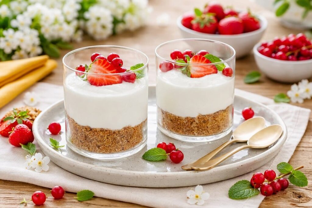 A clear glass bowl filled with creamy yogurt parfait layered with fresh strawberries, topped with crunchy walnuts and red currants on a wooden tray