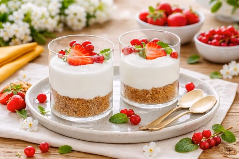 A clear glass bowl filled with creamy yogurt parfait layered with fresh strawberries, topped with crunchy walnuts and red currants on a wooden tray
