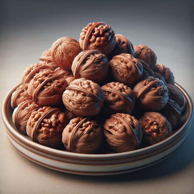 A pile of fresh walnuts on a plate, representing heart healthy snacks rich in omega-3 fatty acids and unsaturated fats that support cardiovascular health