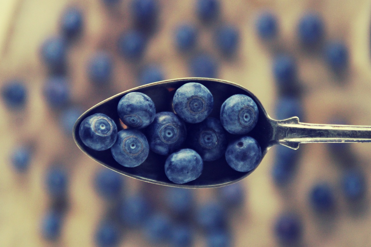 Fresh blueberries in a white bowl with a spoon, representing the key ingredient for a blood sugar-friendly smoothie rich in anthocyanins and fiber