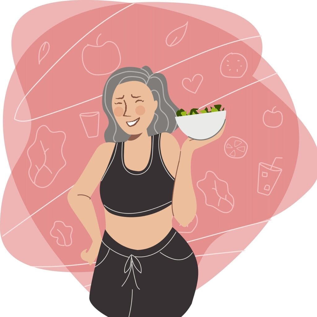 Woman holding a bowl of fresh salad surrounded by illustrations of fruits, vegetables, and healthy foods, representing a diabetes-friendly meal plan for weight loss