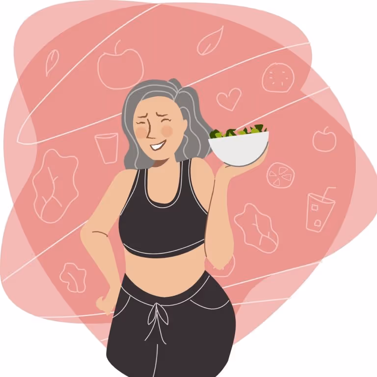 Woman holding a bowl of fresh salad surrounded by illustrations of fruits, vegetables, and healthy foods, representing a diabetes-friendly meal plan for weight loss