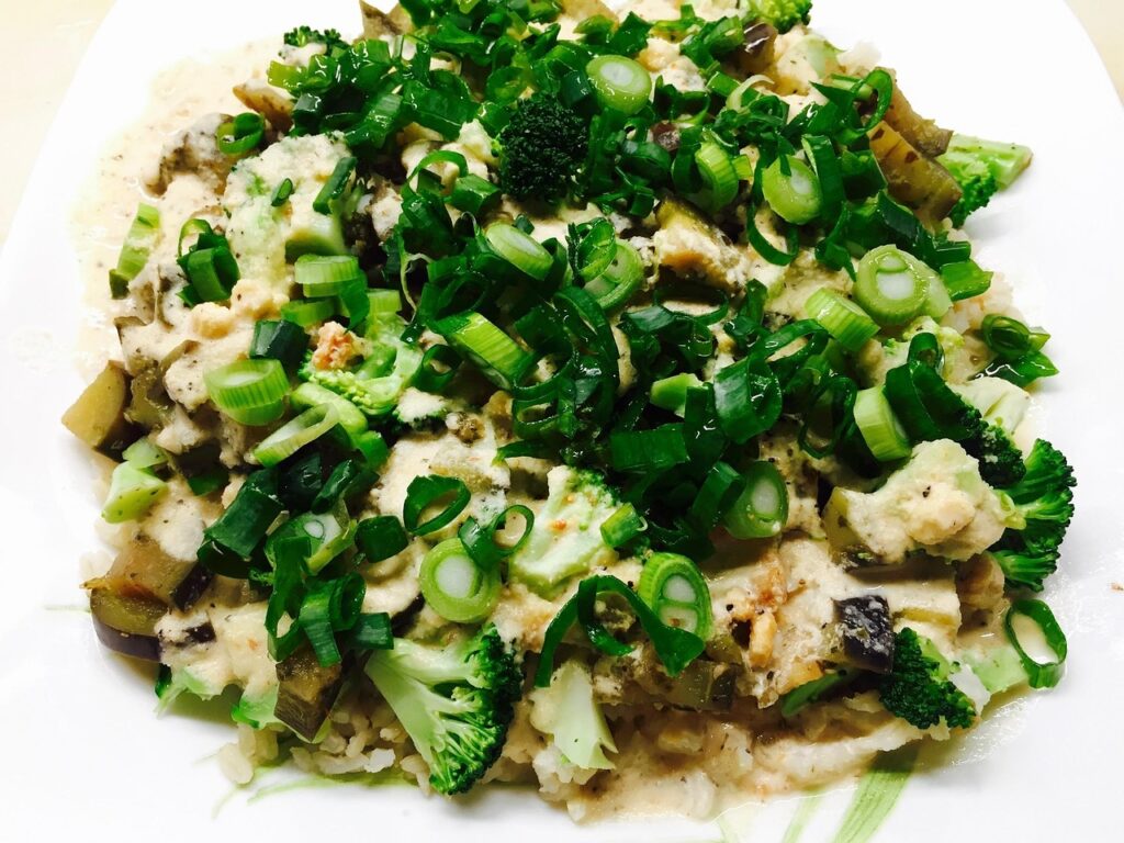 A colorful, healthy plate of cooked vegetables including broccoli, eggplant, and green onions with brown rice and sauce, representing a Mediterranean-style plant-based low protein diet for longevity