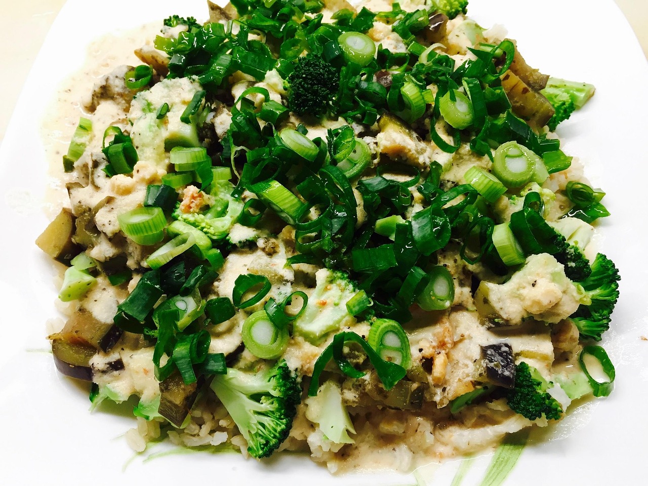 A colorful, healthy plate of cooked vegetables including broccoli, eggplant, and green onions with brown rice and sauce, representing a Mediterranean-style plant-based low protein diet for longevity