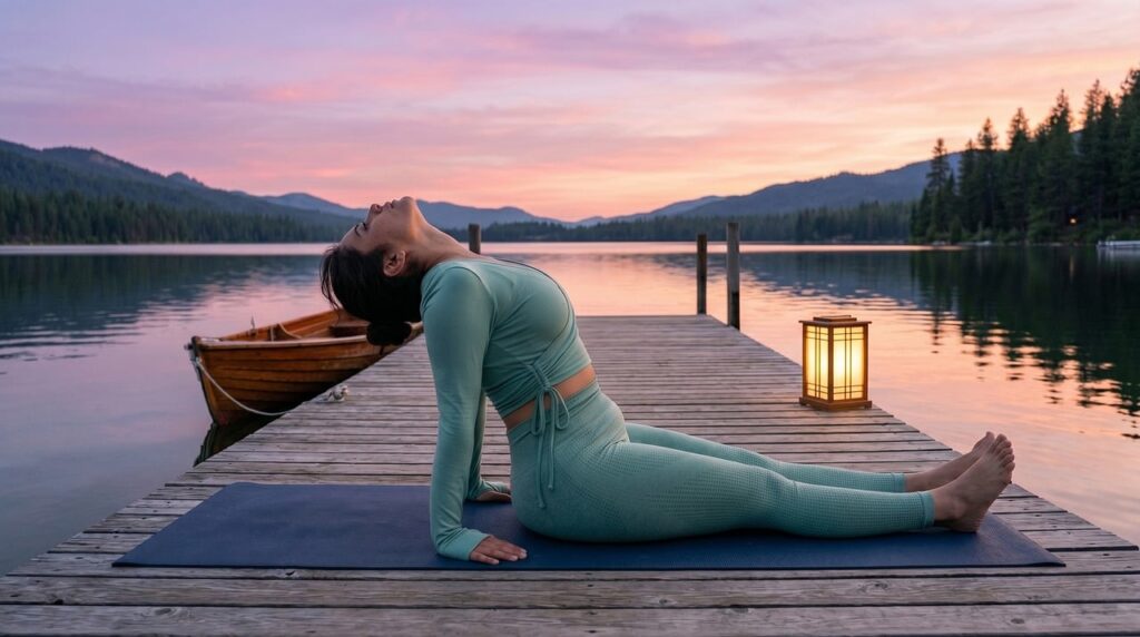 Woman in activewear practicing a yoga pose on a wooden dock by a serene lake during sunset, representing mental health care, wellness, and self-care as part of a healthy lifestyle.