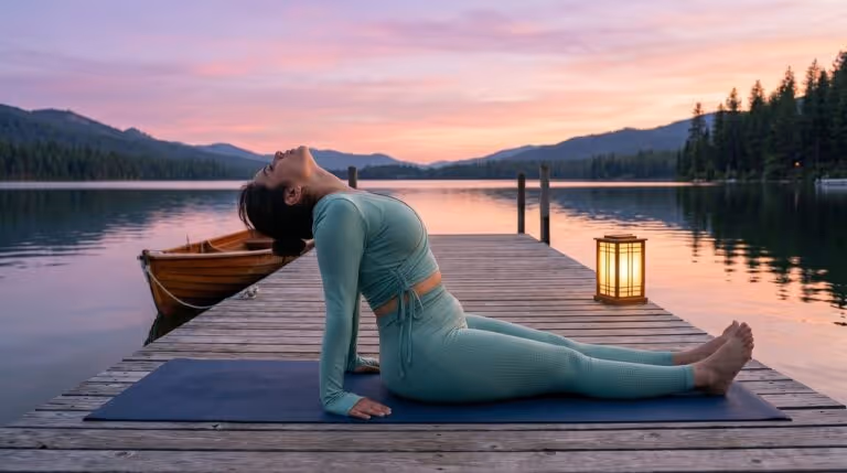 Woman in activewear practicing a yoga pose on a wooden dock by a serene lake during sunset, representing mental health care, wellness, and self-care as part of a healthy lifestyle.