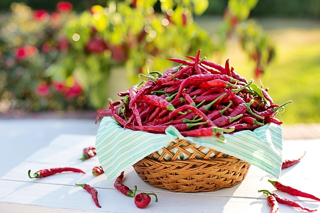 Close-up of a woven basket overflowing with fresh red cayenne and chili peppers on a dark table, illustrating spicy food consumption