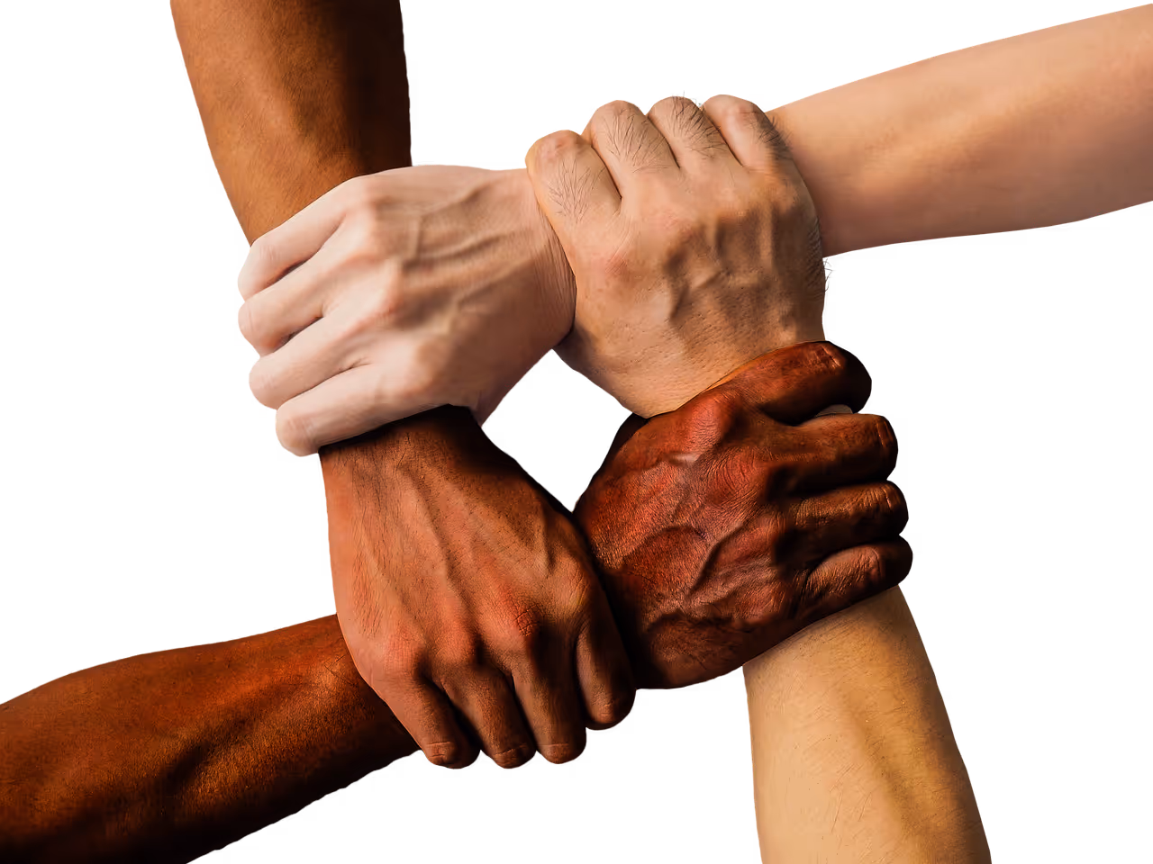 Group of diverse hands stacked together showing teamwork, friendship, and social connection for stress relief - representing the 5-minute connection habit for lowering stress