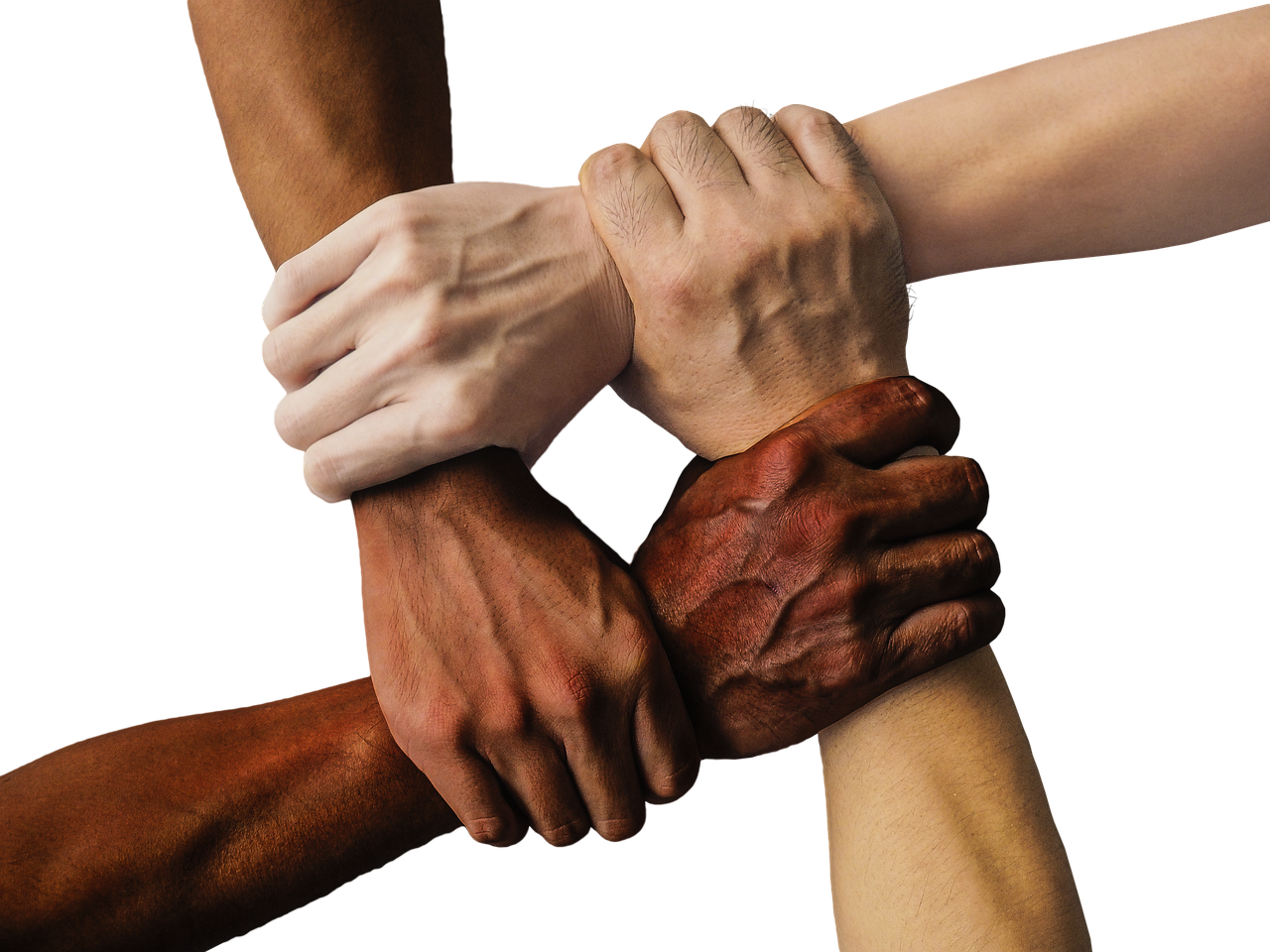 Group of diverse hands stacked together showing teamwork, friendship, and social connection for stress relief - representing the 5-minute connection habit for lowering stress
