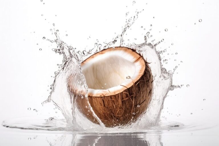 A fresh coconut splashing into water, representing natural low-sugar electrolyte drinks like coconut water for healthy hydration after exercise