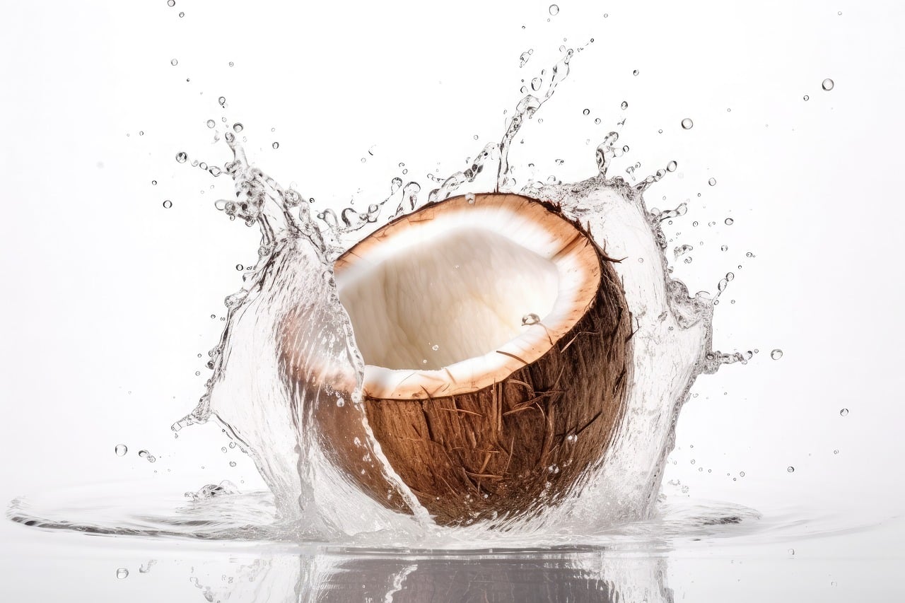 A fresh coconut splashing into water, representing natural low-sugar electrolyte drinks like coconut water for healthy hydration after exercise