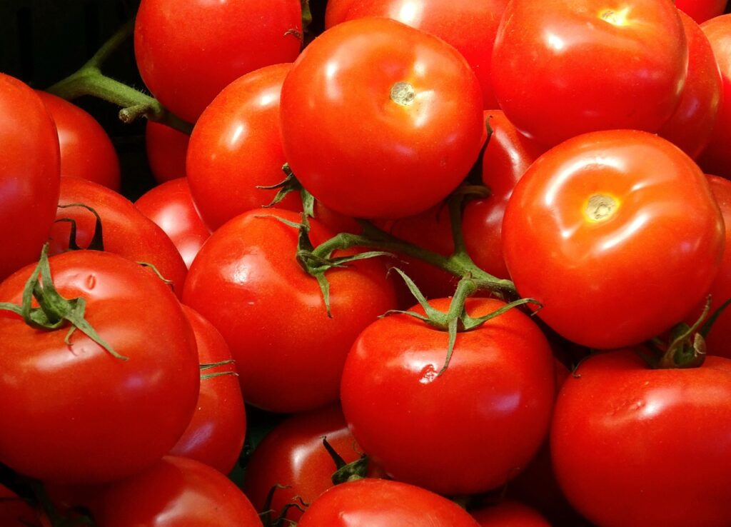 Close-up of fresh ripe red tomatoes at a farmer's market, representing the best way to eat tomatoes for maximum lycopene absorption through cooking with fat