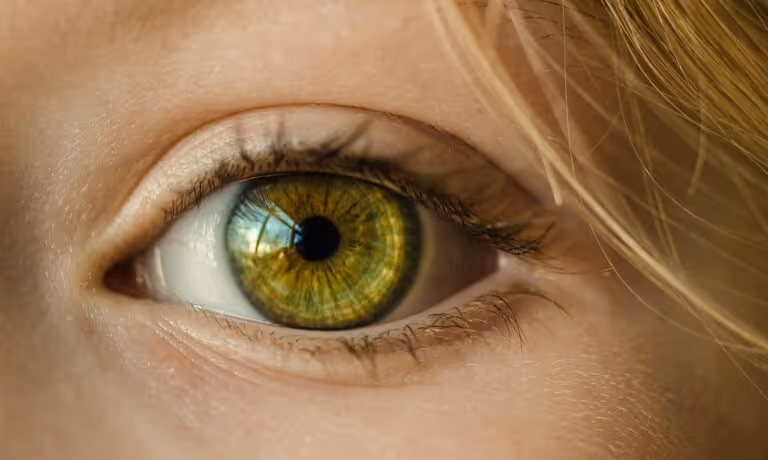 Close-up macro photograph of a human eye with green iris, eyelashes, and skin, representing vision health and the importance of regular vision screenings and eye exams