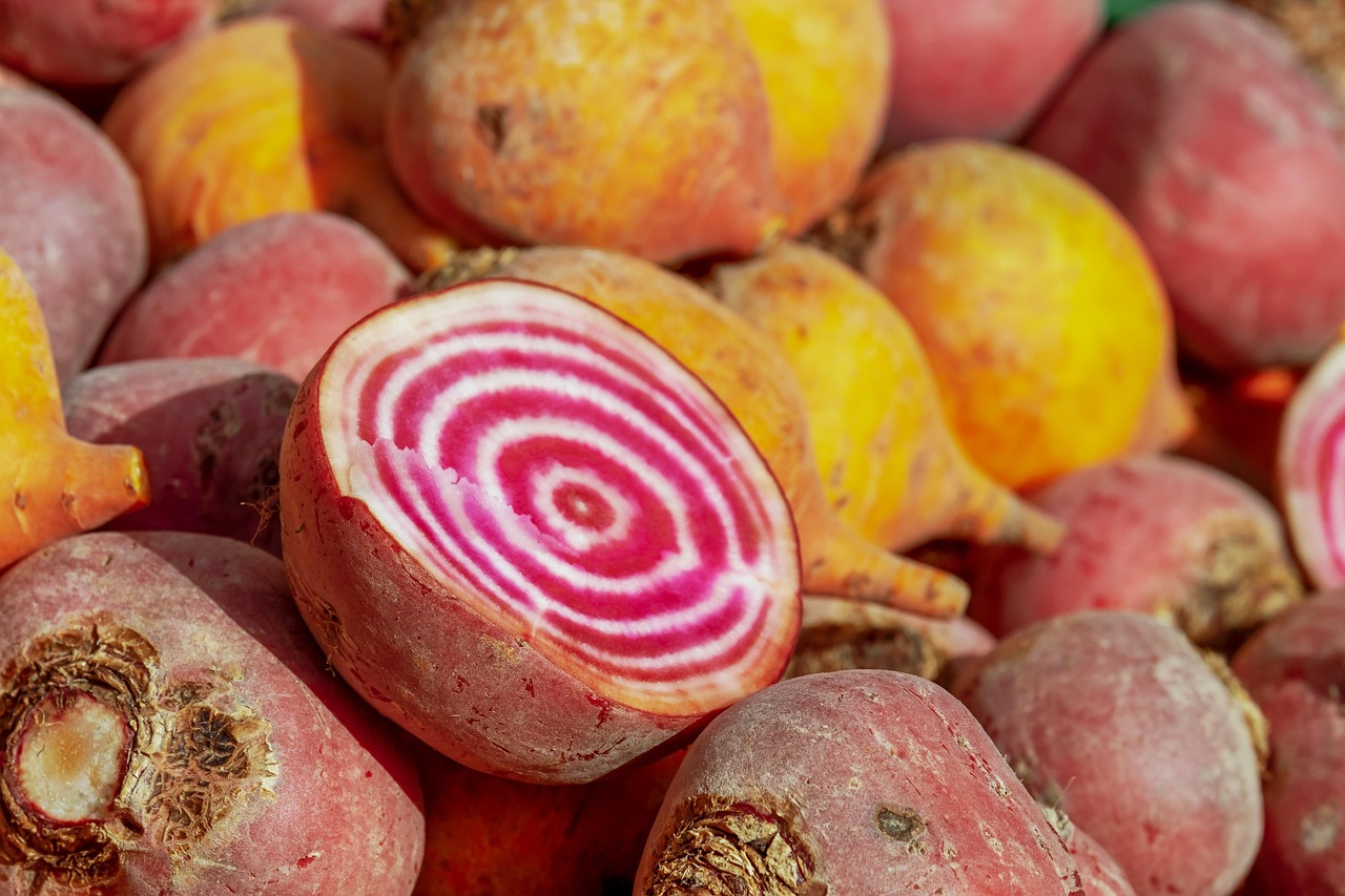 Fresh beetroots with vibrant red color and green stems piled together, representing nitrate-rich vegetables that may help lower blood pressure when combined with chewing gum