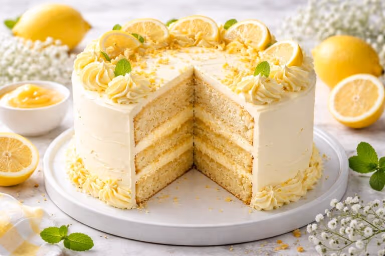 A beautifully presented lemon cake with cream frosting, fresh lemon slices, and mint leaves on a plate — perfect for a healthy summer dessert recipe