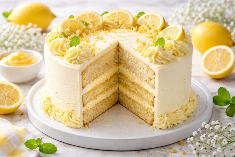 A beautifully presented lemon cake with cream frosting, fresh lemon slices, and mint leaves on a plate — perfect for a healthy summer dessert recipe