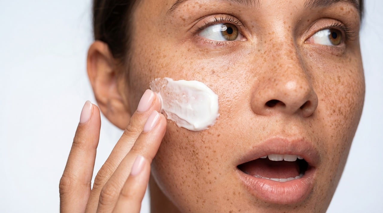 Woman with freckles gently applying facial moisturizer as part of a simple three-step skincare routine, showcasing natural beauty and healthy skin