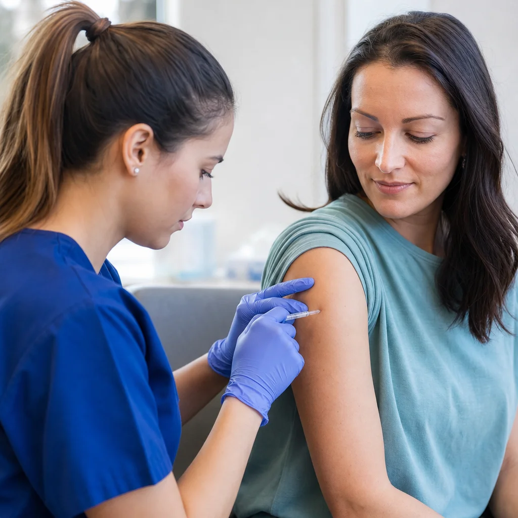 mRNA flu vaccine vial and syringe, representing the first mRNA flu shot under FDA review for the 2026-27 flu season