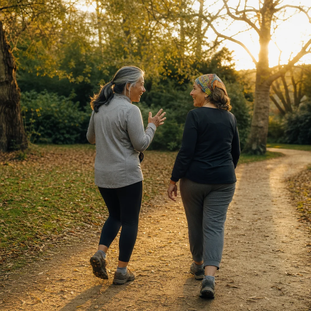 Two women walking and talking on a park path — social connection that eases loneliness through walk-and-talk habits