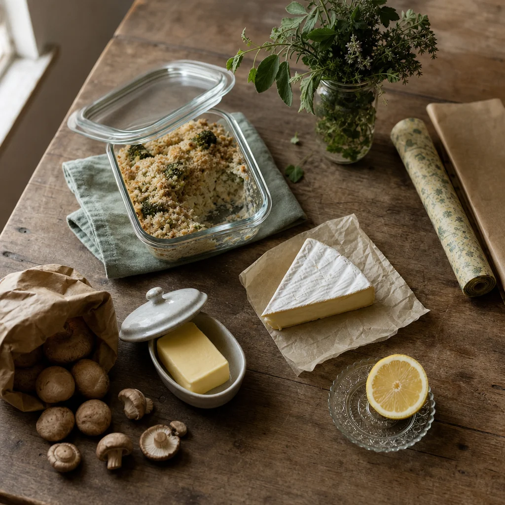 Plastic wrap alternatives arranged on a rustic kitchen counter: a glass container of leftover casserole with its lid ajar, a wedge of brie on parchment paper, a ceramic butter dish, fresh herbs in a jar, mushrooms spilling from a brown paper bag, and a halved lemon — with beeswax wrap and parchment sheets nearby, no plastic wrap in sight.