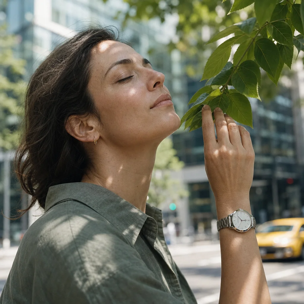 Woman closing her eyes as she touches a green leaf during a lunch break on a tree-lined city street, illustrating nature for stress relief as daily prevention